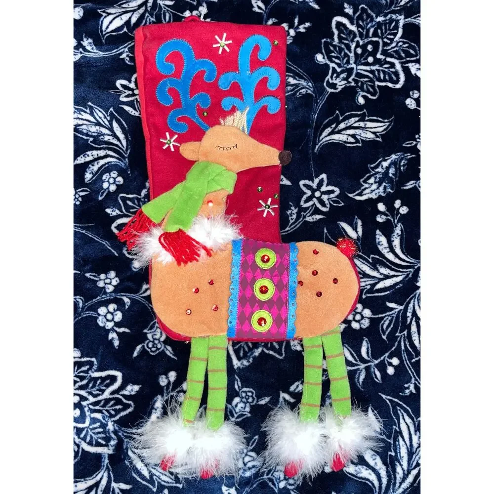 Pier 1 Imports Festive Reindeer Christmas stocking with dangling legs